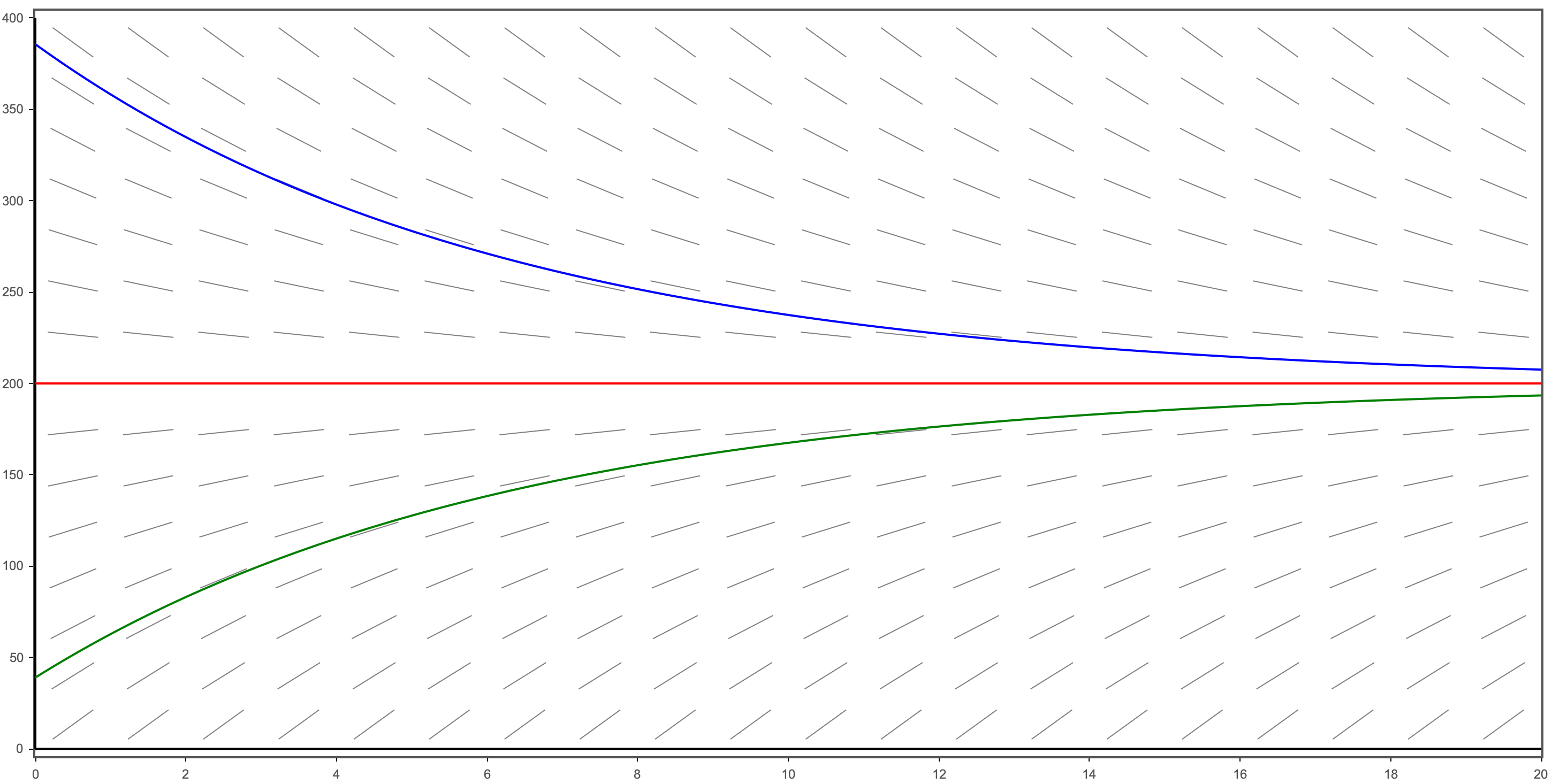 A direction field for the velocity equation showing all slope segments converging toward a horizontal line at v equals 200, illustrating terminal velocity.